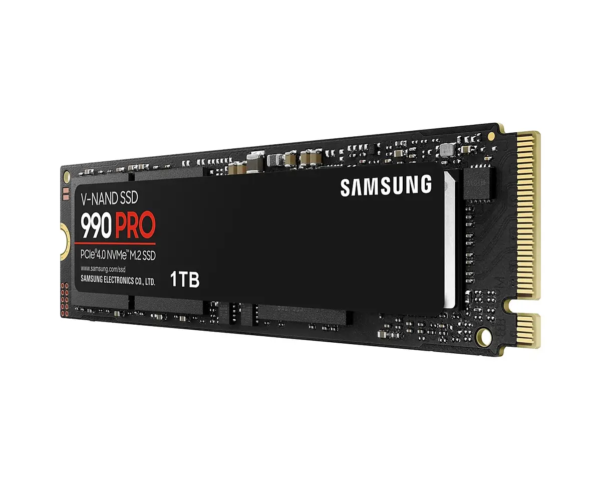 Samsung 990 PRO 1TB SSD angled to show the connector edge and chips