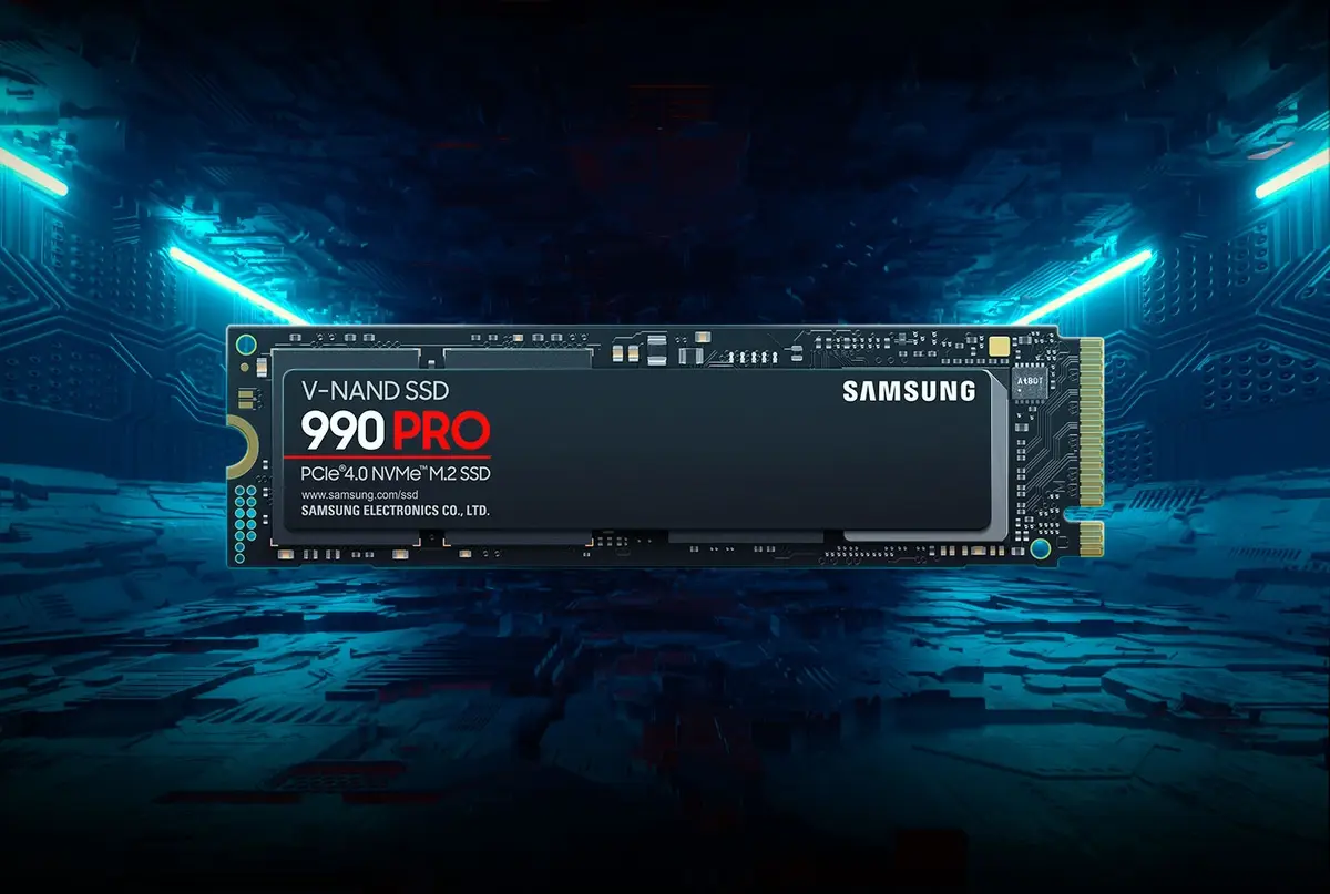 Samsung 990 PRO 1TB SSD against a blue circuit board style background
