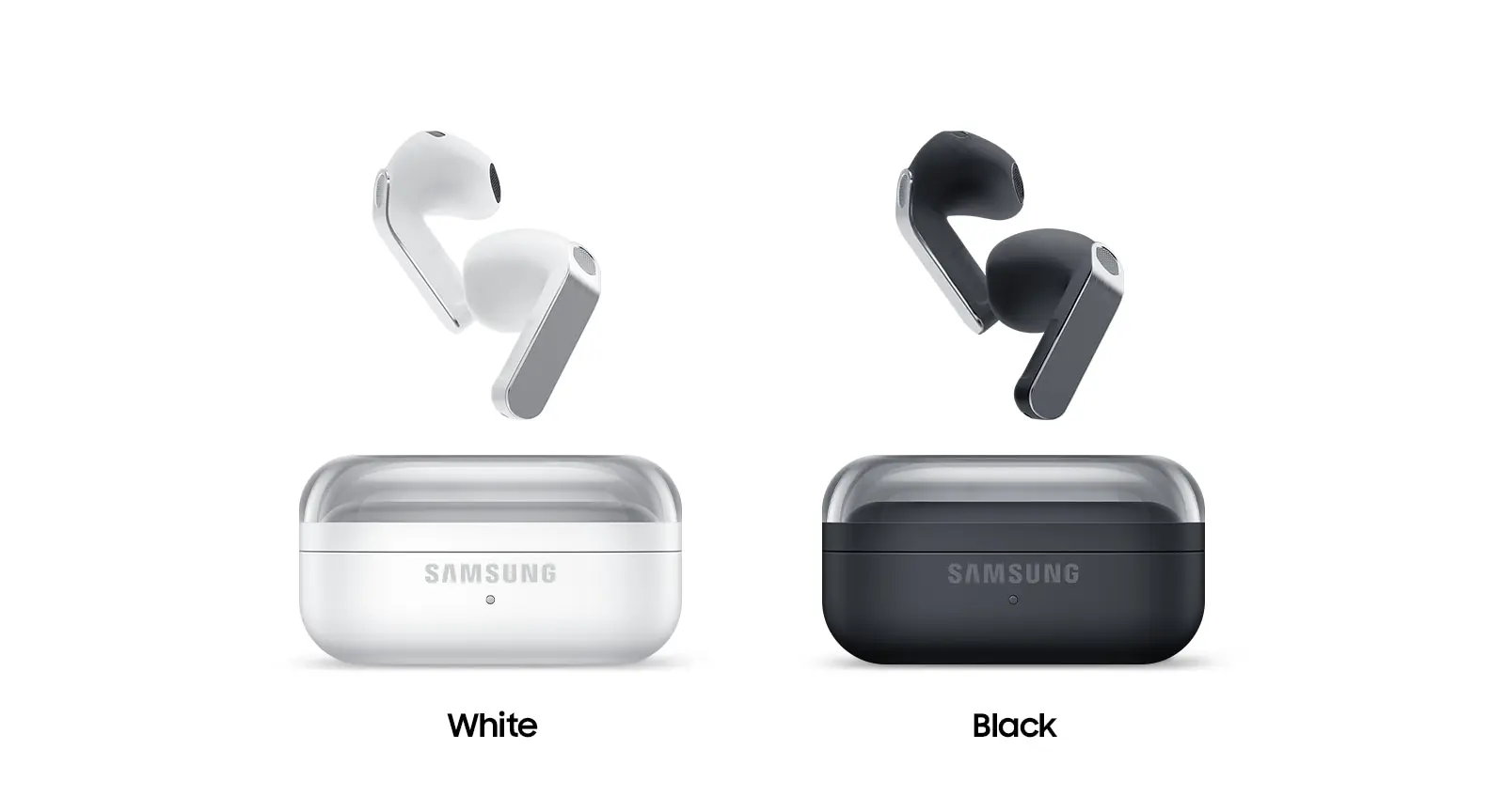 Samsung Galaxy Buds4 Pro earbuds and charging cases in white and black