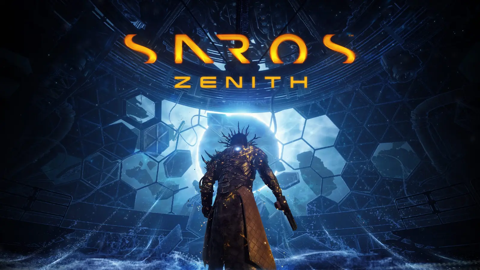 光るゲートに向かう鎧姿のArjunを描いた「Saros Zenith」のキーアート