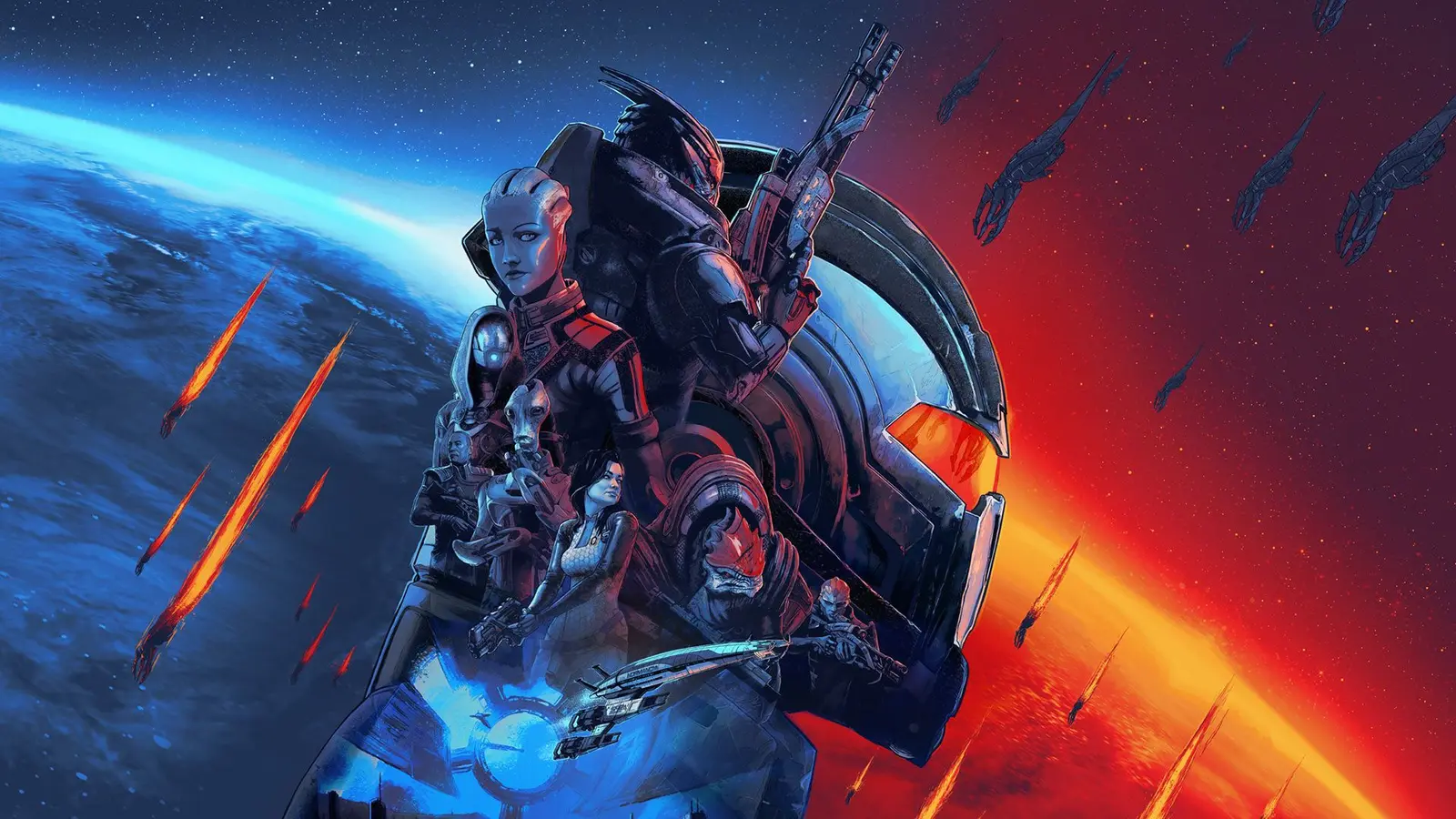 붉은색과 푸른색 행성을 배경으로 동료들이 서 있는 Mass Effect 시리즈 키아트