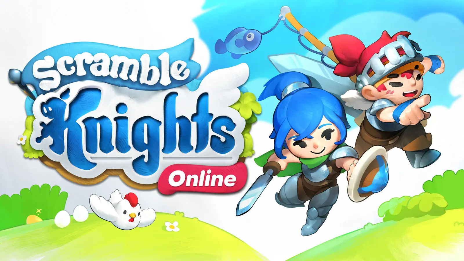 Two cartoon knights in armour with a chicken and the Scramble Knights Online logo