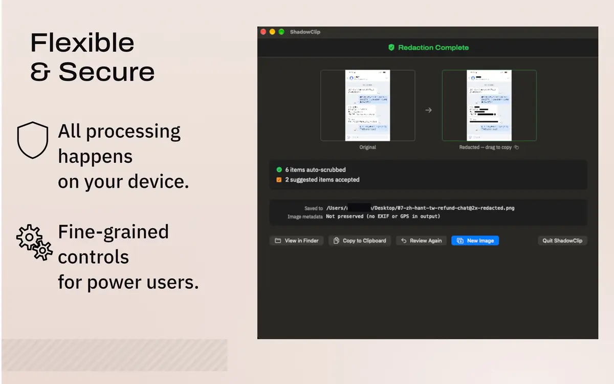 ShadowClip screen explaining that all processing happens on the device