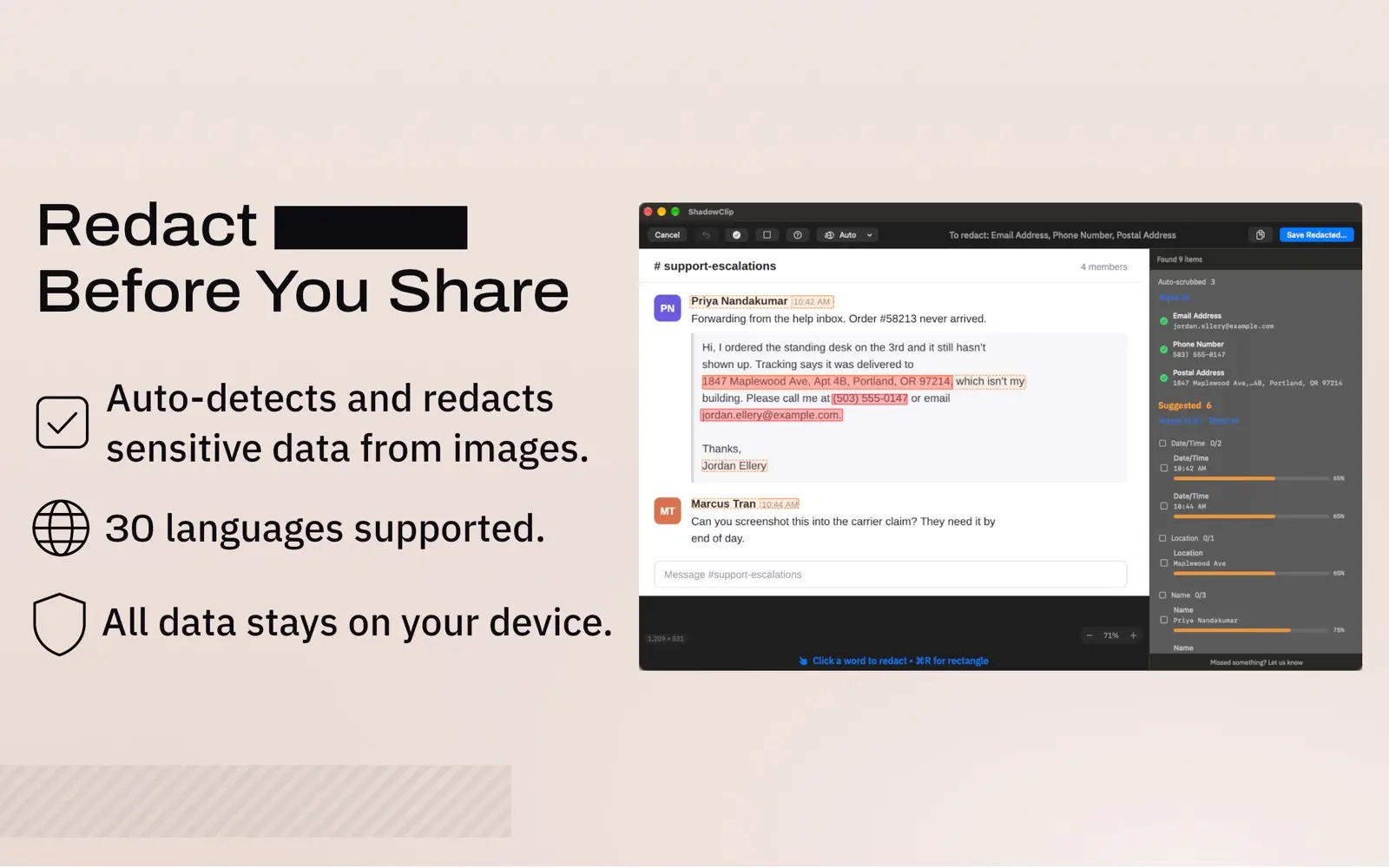 ShadowClip en Mac tapando un correo y un número de teléfono en una captura de chat