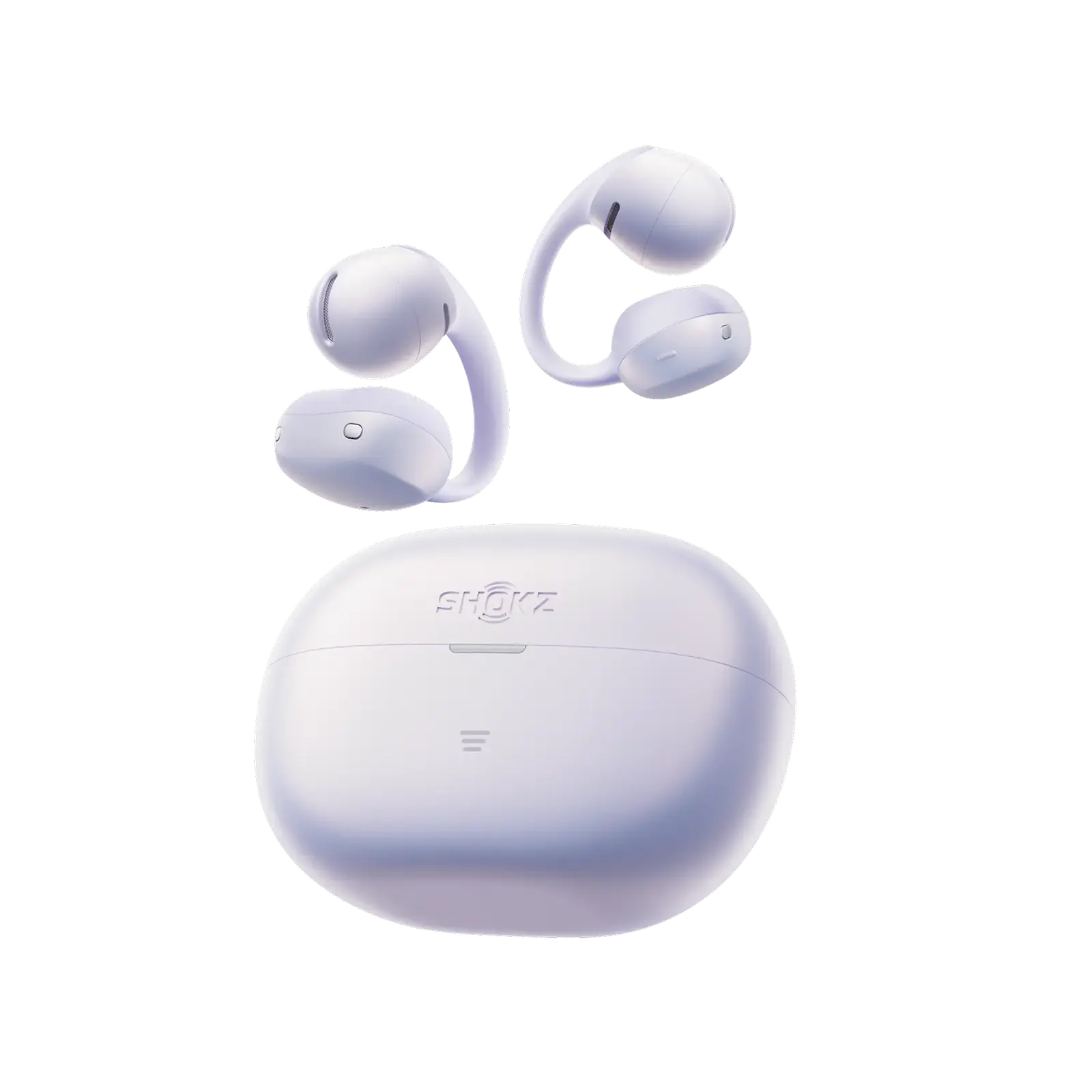 Shokz OpenDots Air open-ear earbuds and charging case in Daybreak Purple