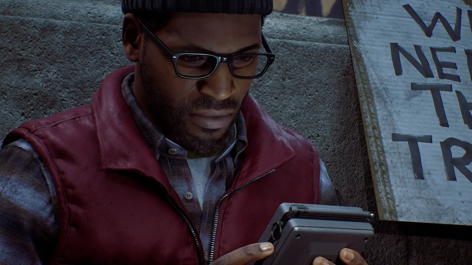 Character in a red vest and glasses looking at a handheld device in Silent Hill Townfall