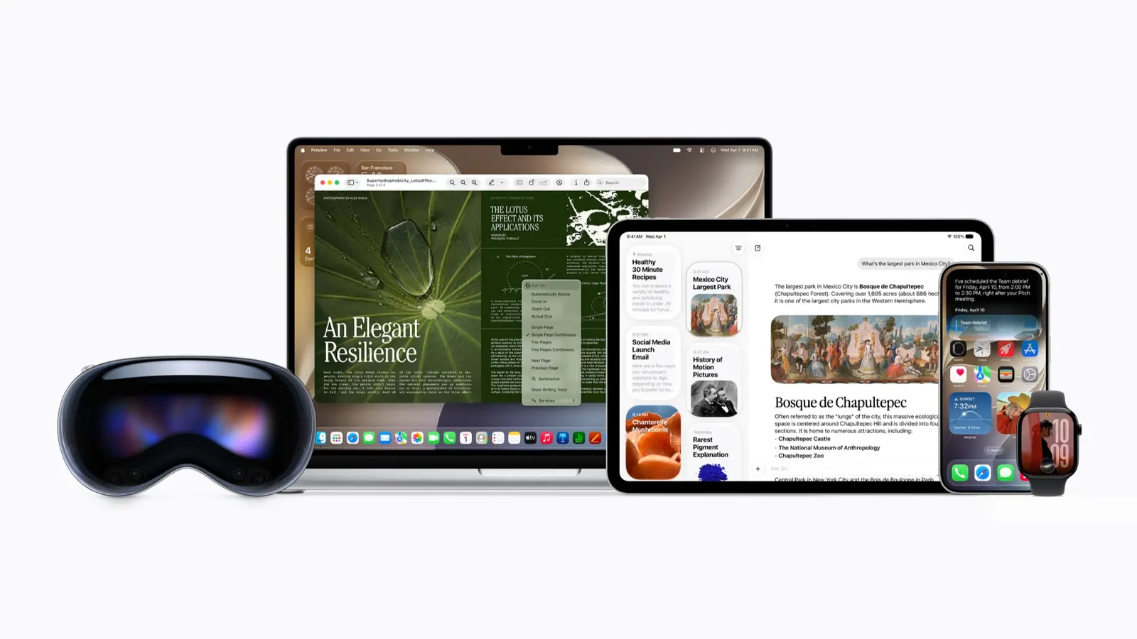 Apple devices showing Siri AI features across Mac, iPad, iPhone, Apple Watch and Apple Vision Pro