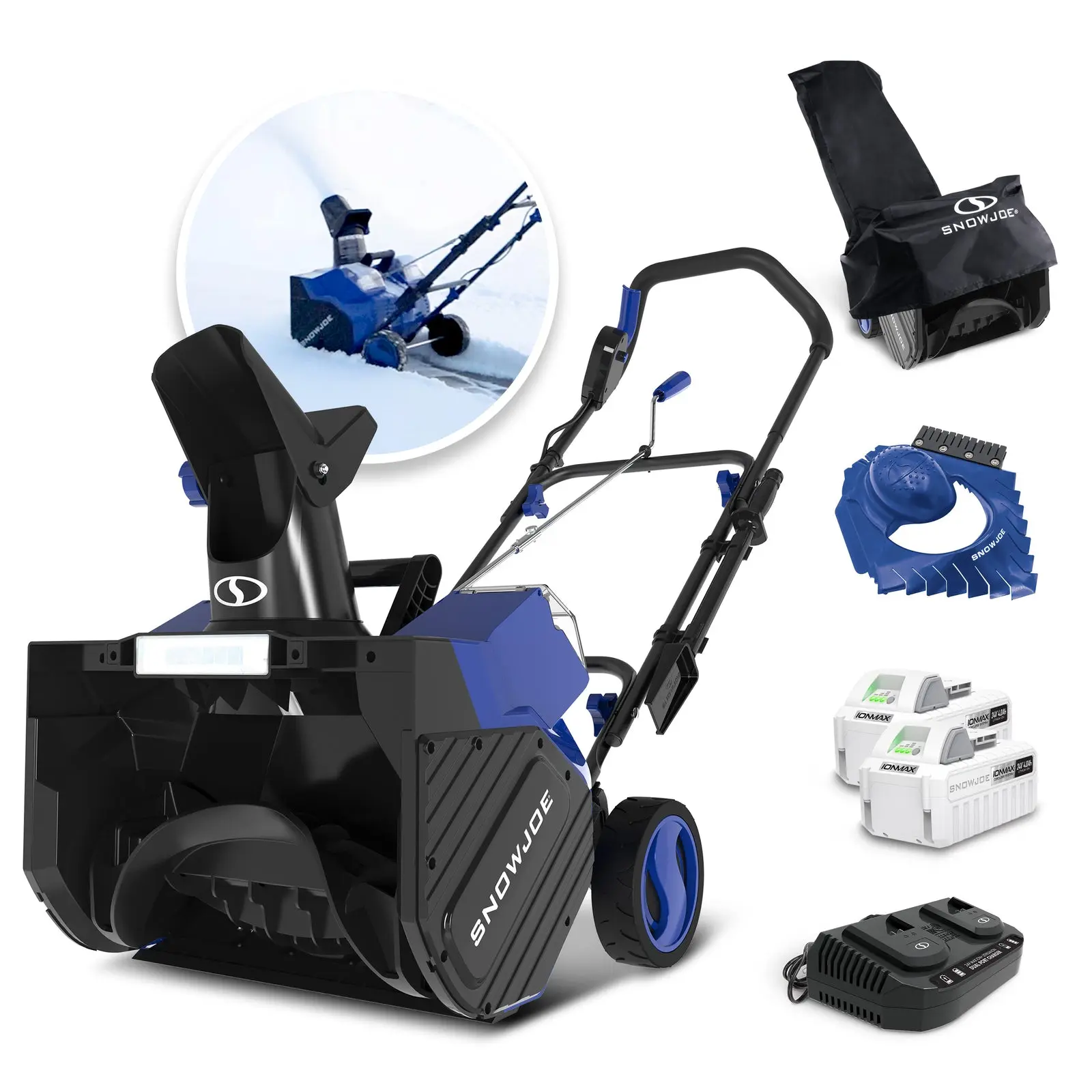 Snow Joe cordless snow blower with two batteries, charger, cover and ice scraper