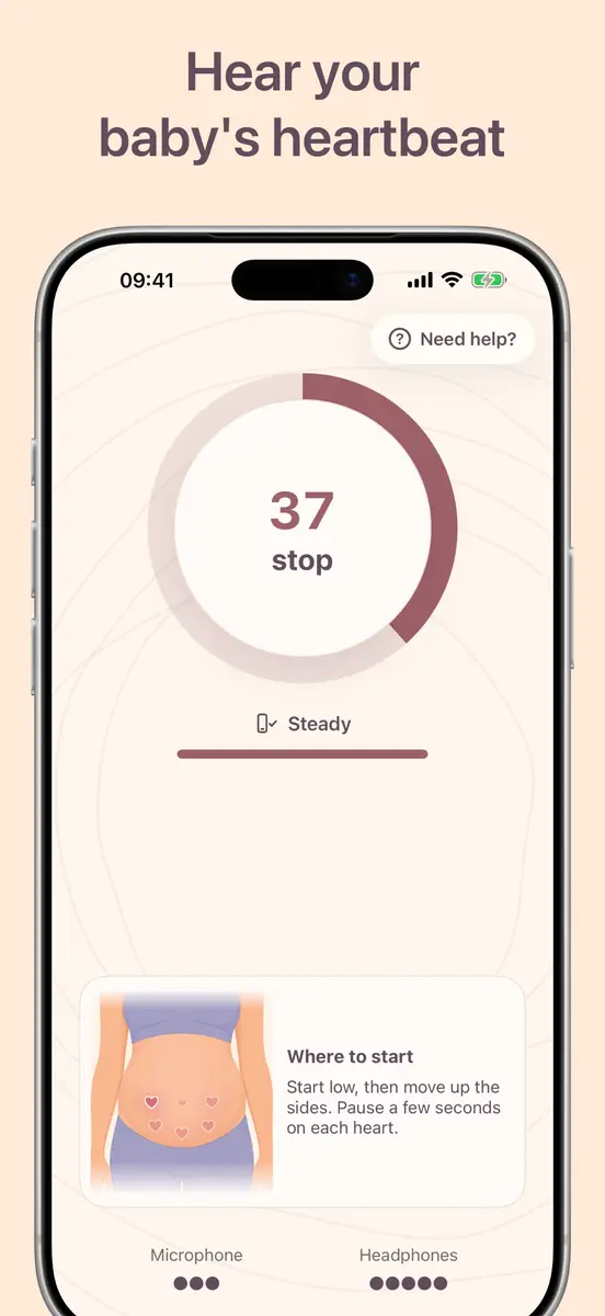 Snuggly recording screen on an iPhone with a timer ring and a tip on where to place the phone