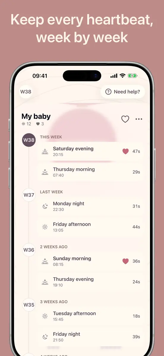 Snuggly list of saved recordings grouped by week of pregnancy