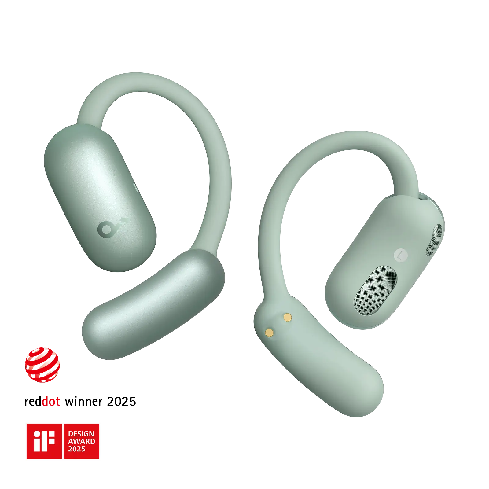 Soundcore AeroFit 2 open-ear earbuds in green on a black background