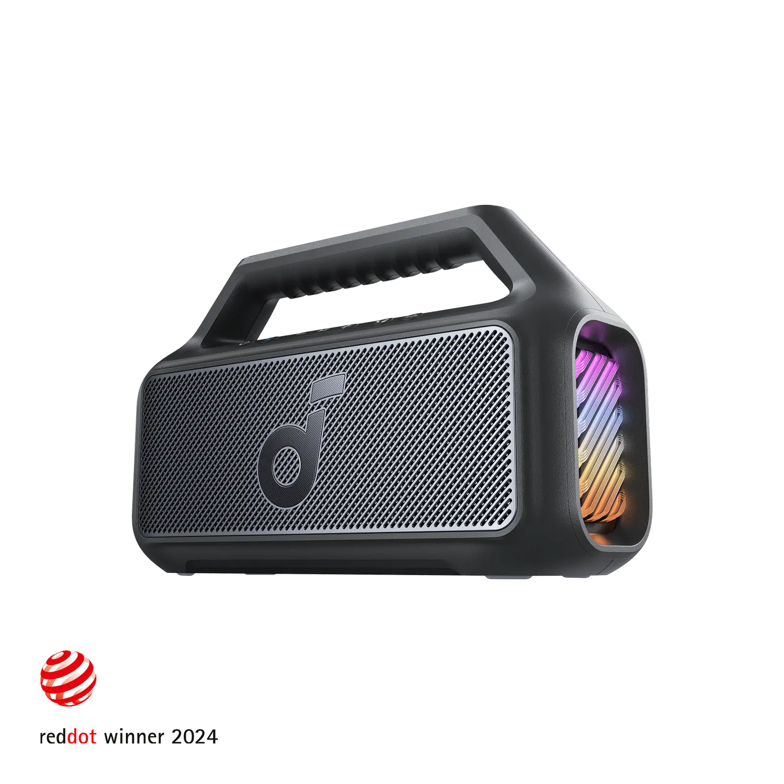 Anker soundcore Boom 2 portable speaker with a carry handle and lit side panel