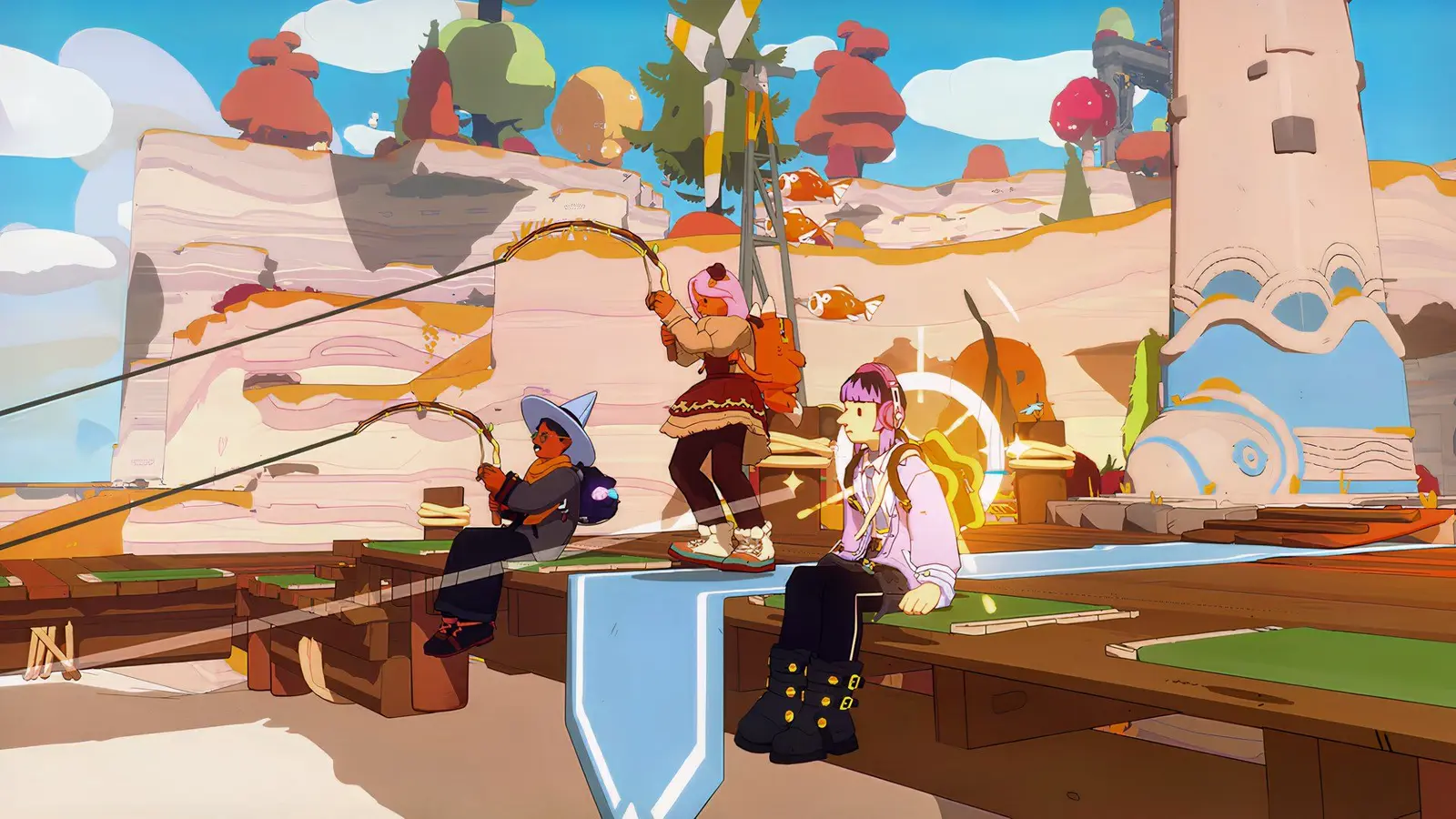 Players fish together on a wooden dock in Spirit Crossing