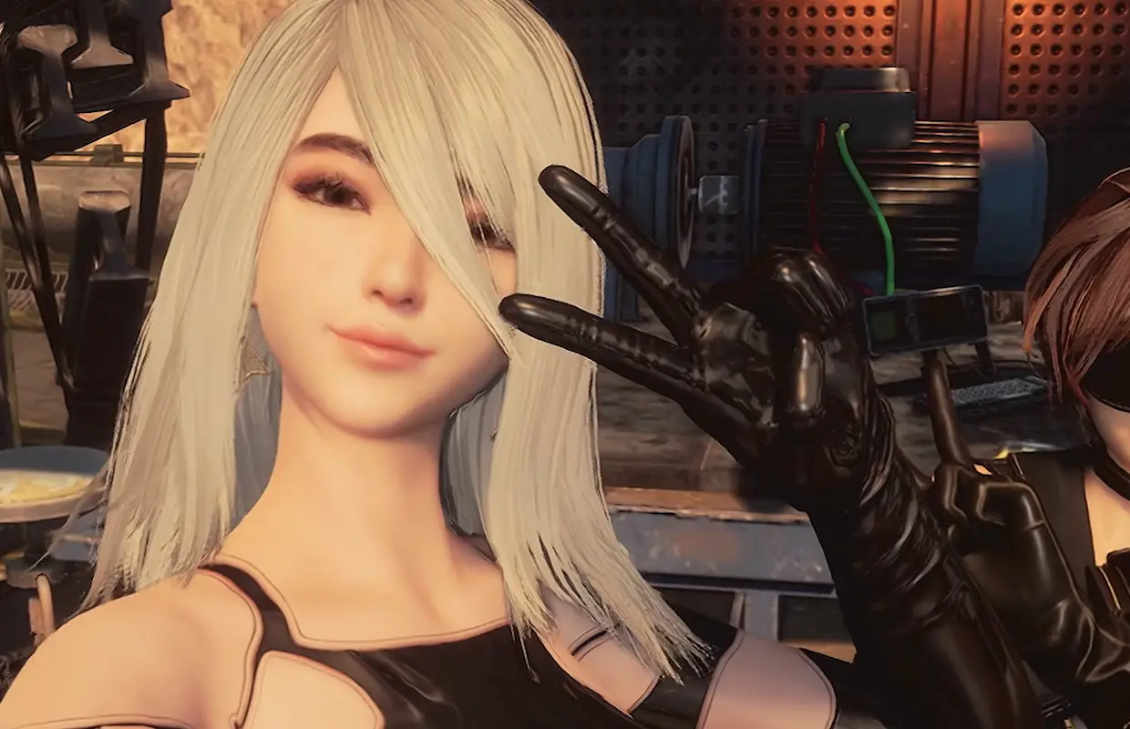 EVE from Stellar Blade in a NieR:Automata inspired look striking a peace sign