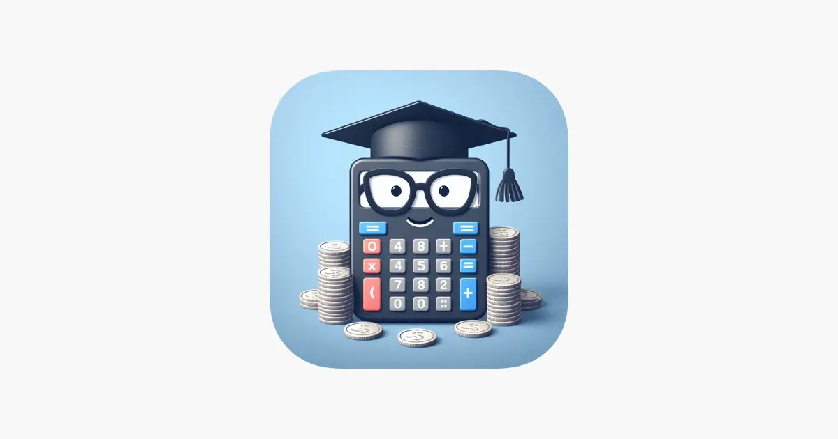 Stock Calculators ਐਪ ਦਾ ਆਈਕਨ, ਗ੍ਰੈਜੂਏਸ਼ਨ ਟੋਪੀ ਵਾਲਾ ਕੈਲਕੁਲੇਟਰ ਅਤੇ ਸਿੱਕਿਆਂ ਦੇ ਢੇਰ