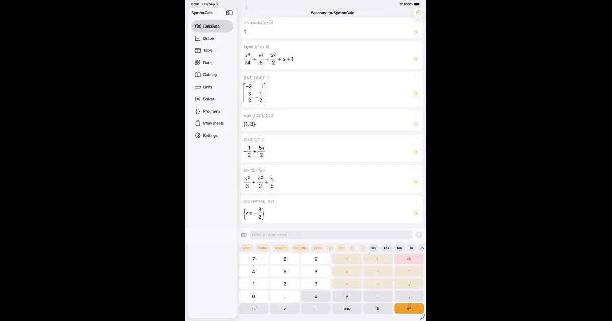 SymboCalc en iPad con resultados exactos de límites, matrices y ecuaciones sobre un teclado matemático