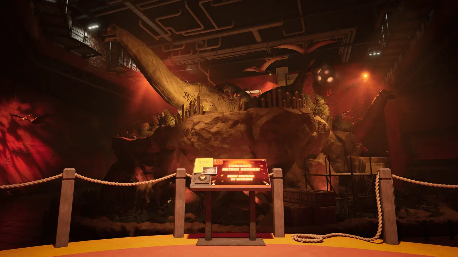 Dimly lit roadside attraction with large dinosaur statues behind a rope barrier
