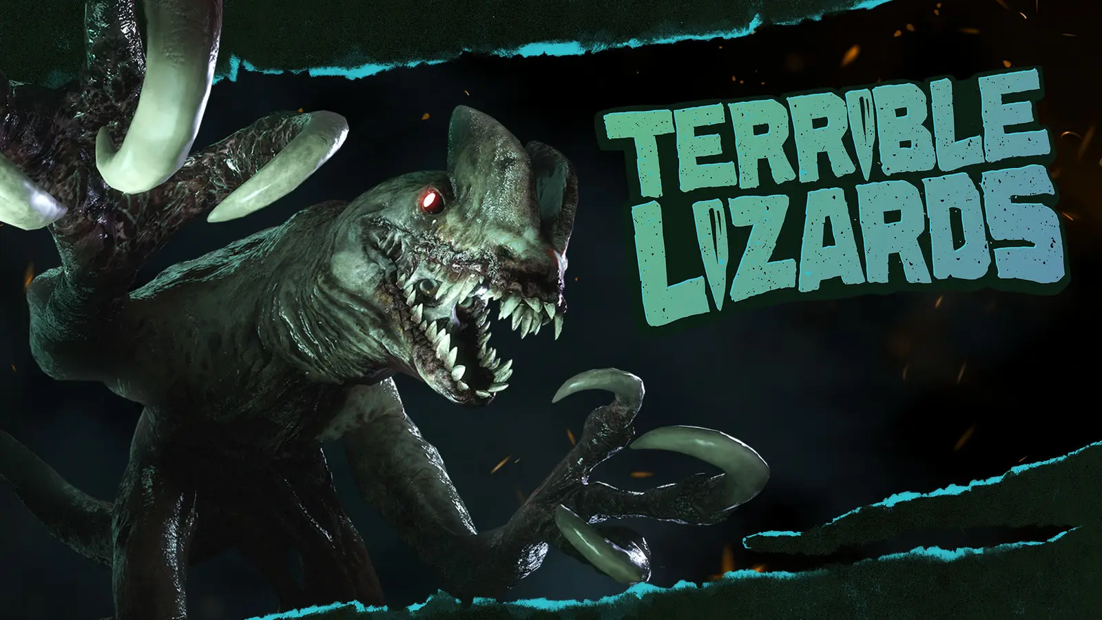 Image officielle de Terrible Lizards montrant une créature dinosaure grimaçante et le logo du jeu