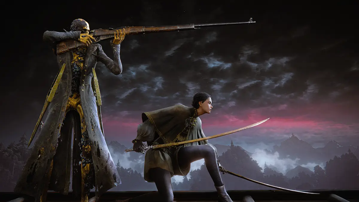 Official Nintendo artwork: a gunman and a sword fighter against a stormy sky