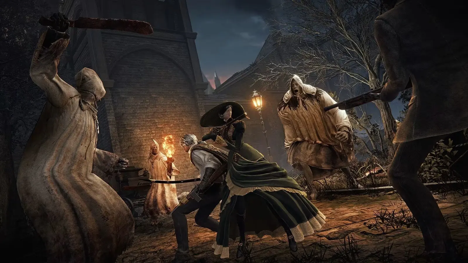 Hooded attackers with weapons surround a lone swordsman on a lamplit cobbled street at night