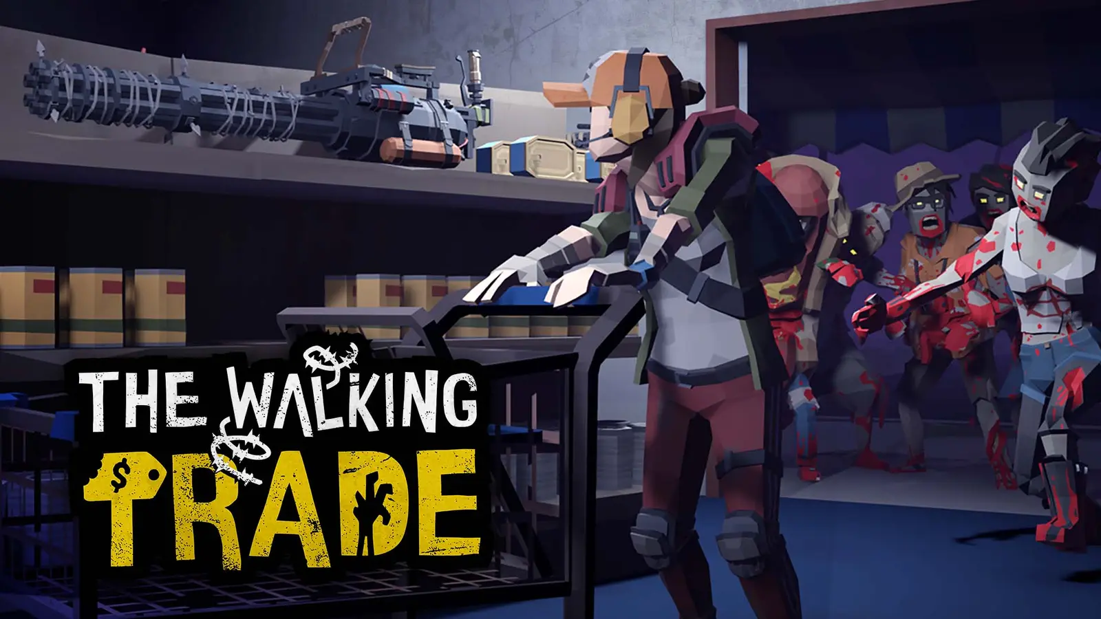 A shopkeeper pushes a cart in a store while zombies approach, with The Walking Trade logo