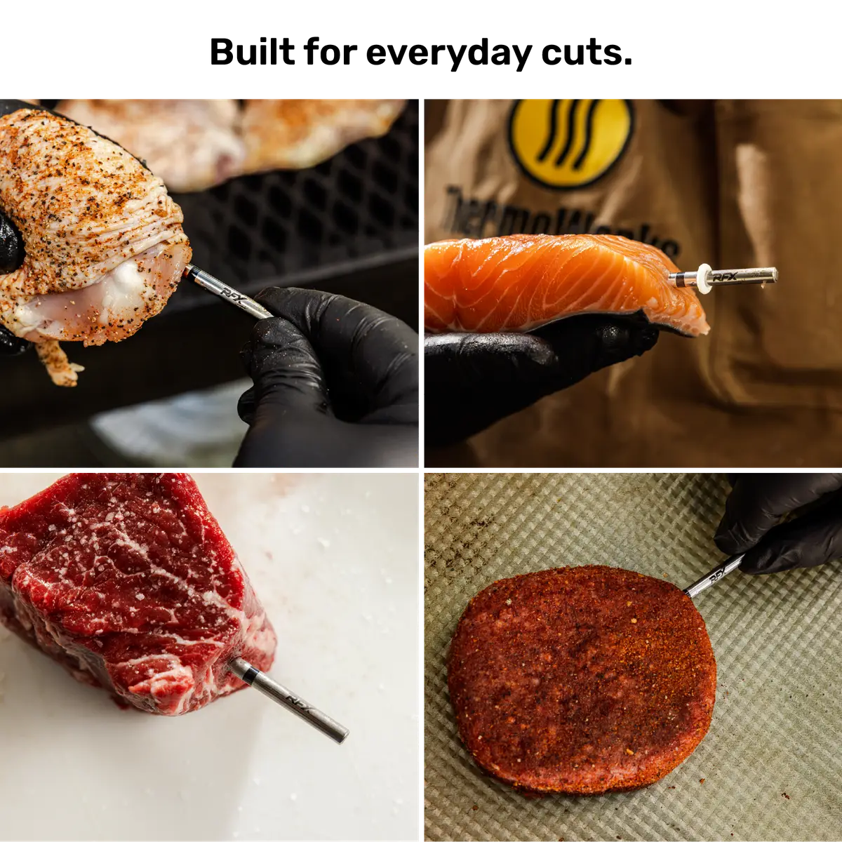 Two filet steaks on a grill with RFX MEAT Mini probes and the RFX app showing temperatures