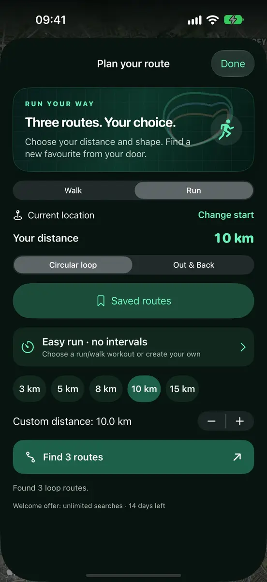 Route planning screen with Walk and Run modes, distance options and a Find 3 routes button