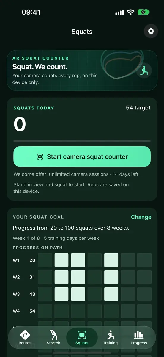 Squat counter screen showing a daily target and an eight week progression plan