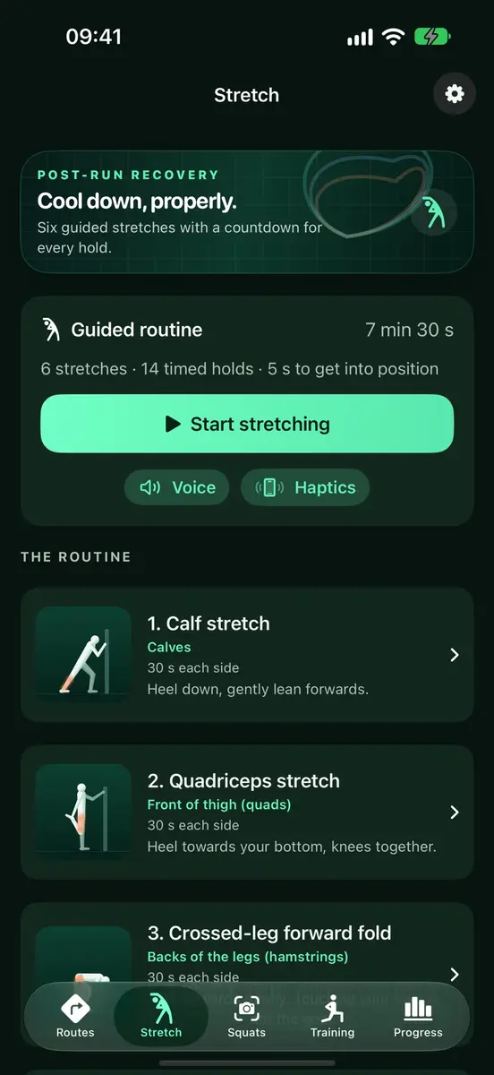 Stretch screen with a guided cool-down routine of six stretches and timed holds