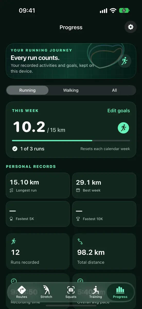 Progress screen with weekly running goal, personal records and total distance
