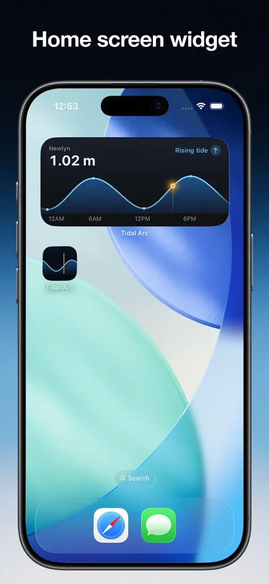 Tidal Arc home screen widget showing a tide curve and rising tide
