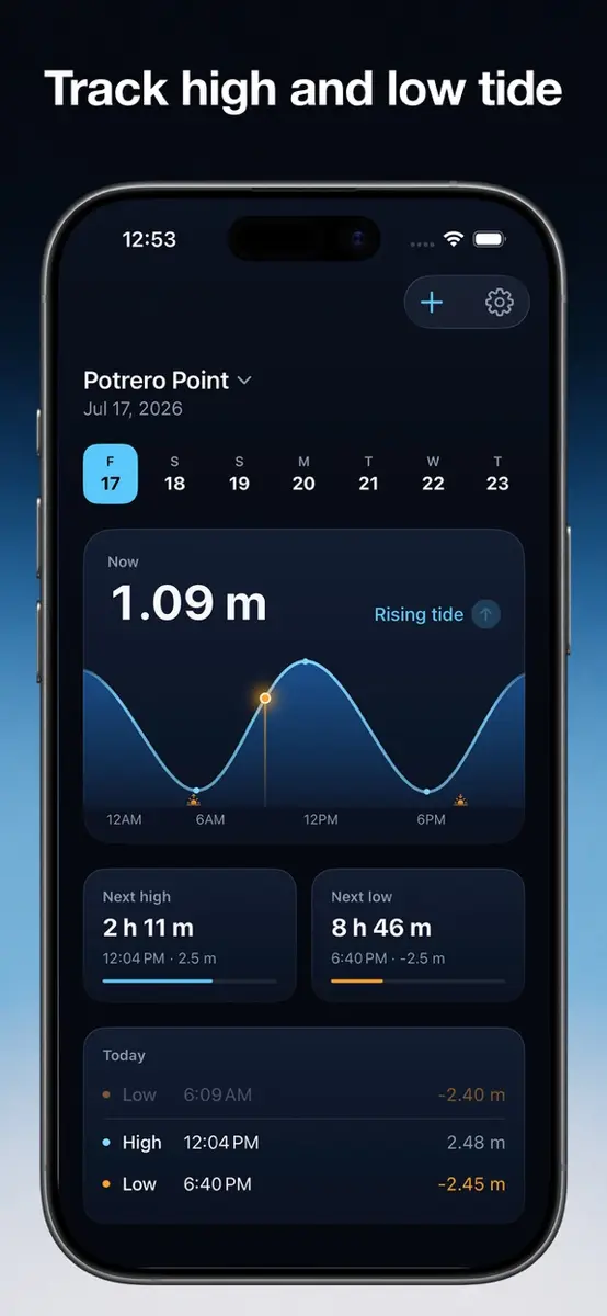 Tidal Arc app screen with the day curve and times of the next high and low