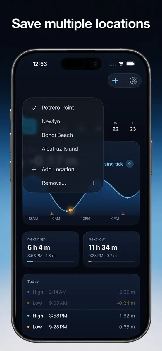 Tidal Arc location menu listing several saved beaches and harbors