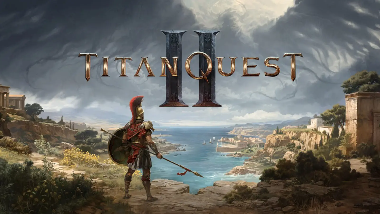 Armoured warrior with spear and shield looking over a Greek coastline in Titan Quest II key art