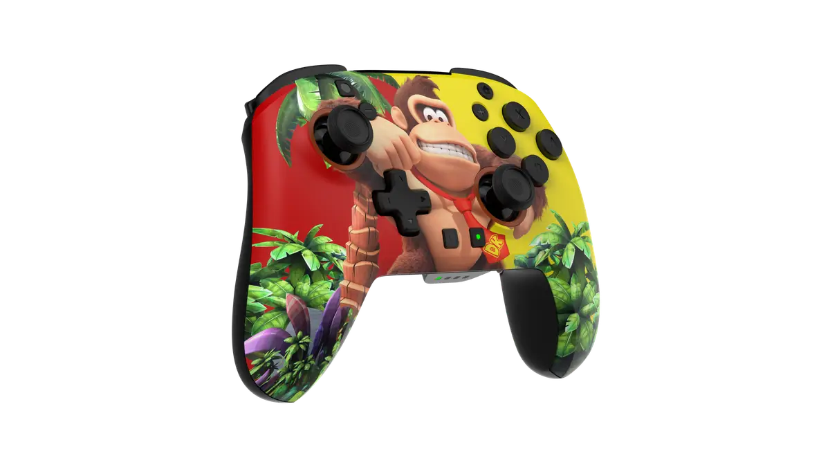 Another angle of the Turtle Beach Rematch controller in the Donkey Kong Jungle design