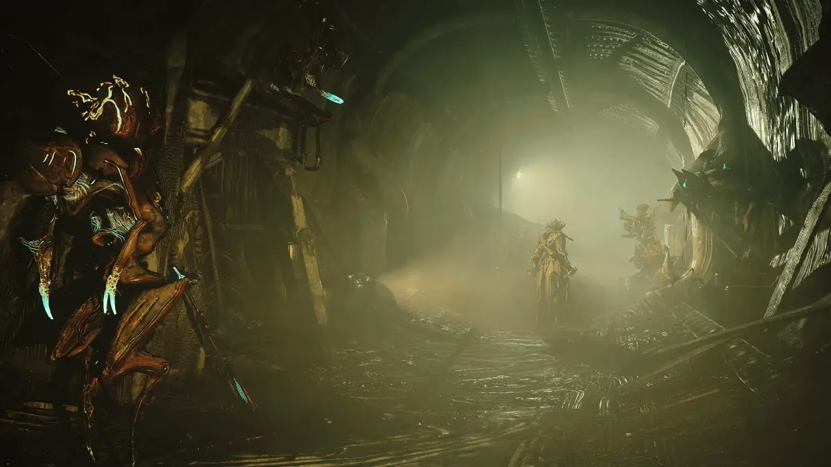 霧が立ち込めるTauのトンネルと敵、一人のWarframe