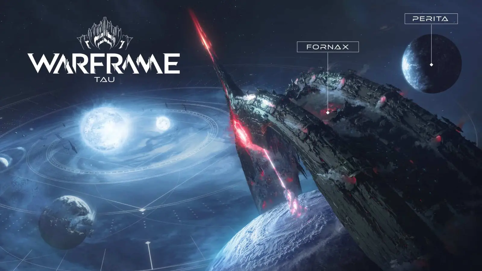 Hình minh họa bản đồ sao Tau của Warframe với thành phố vòng tròn Fornax và hành tinh Perita