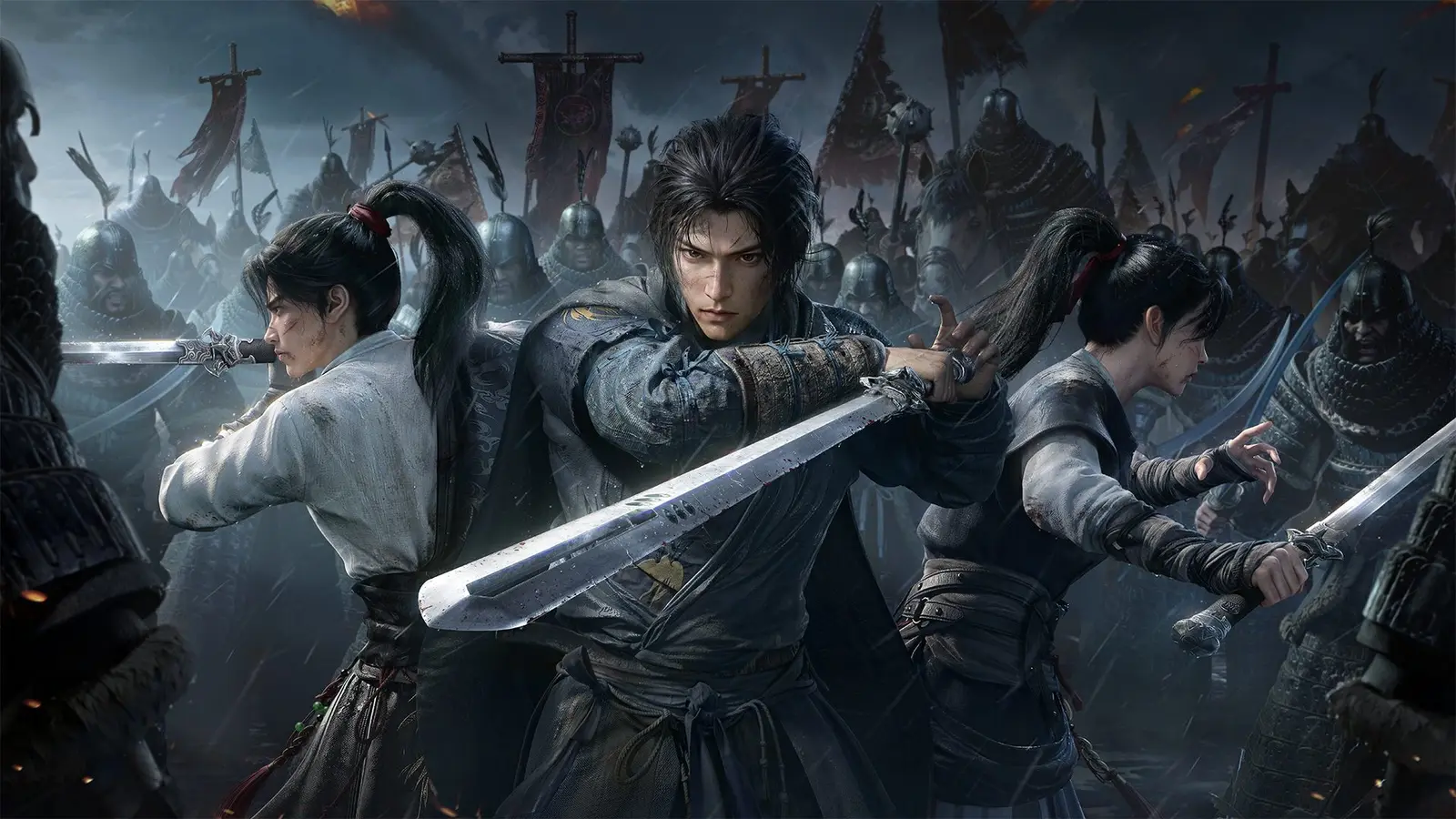 Three sword fighters stand in front of armoured soldiers in Where Winds Meet