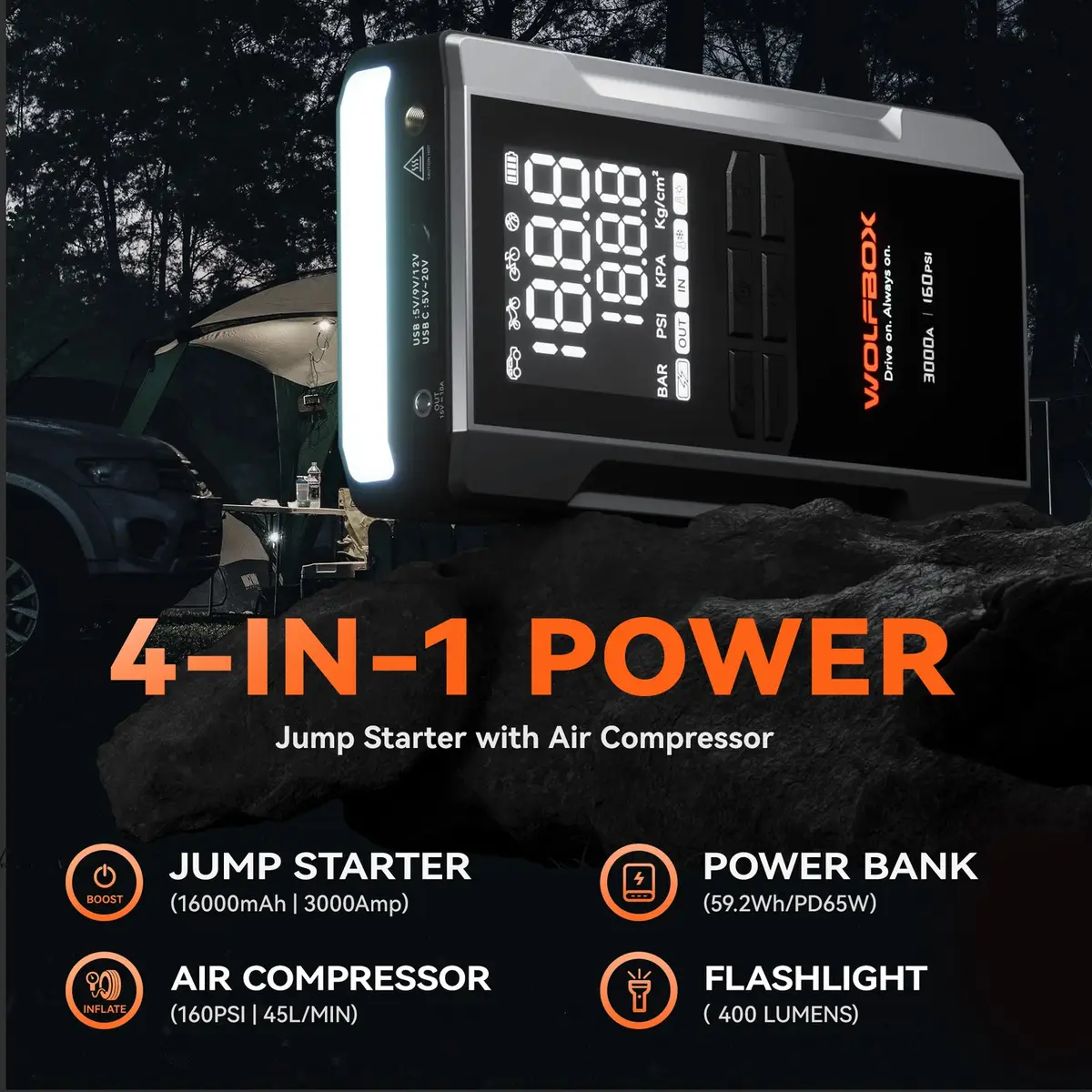 WOLFBOX jump starter with air compressor shown at a campsite beside a car