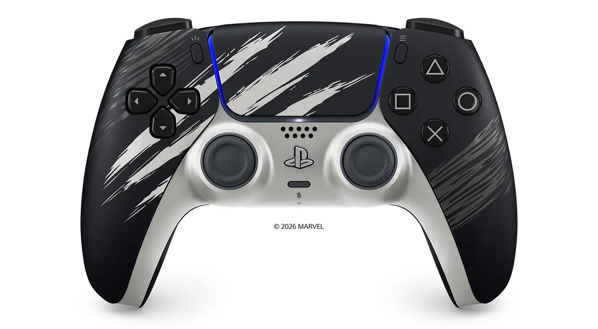 Front view of the silver Adamantium limited edition DualSense controller