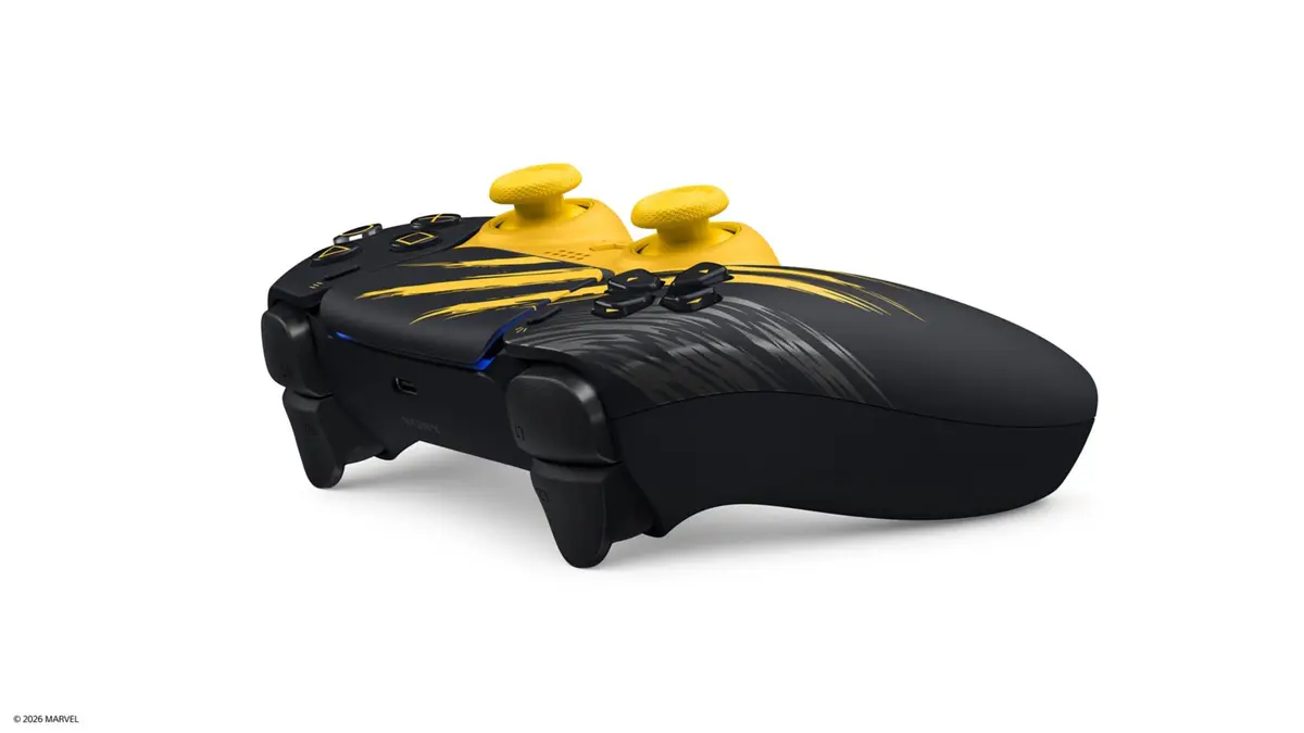 Side view of the Battle Yellow DualSense showing claw slashes on the grips