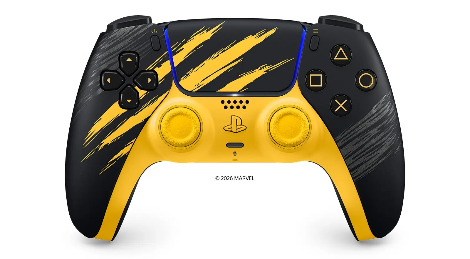 Black and yellow DualSense controller with Wolverine claw slashes
