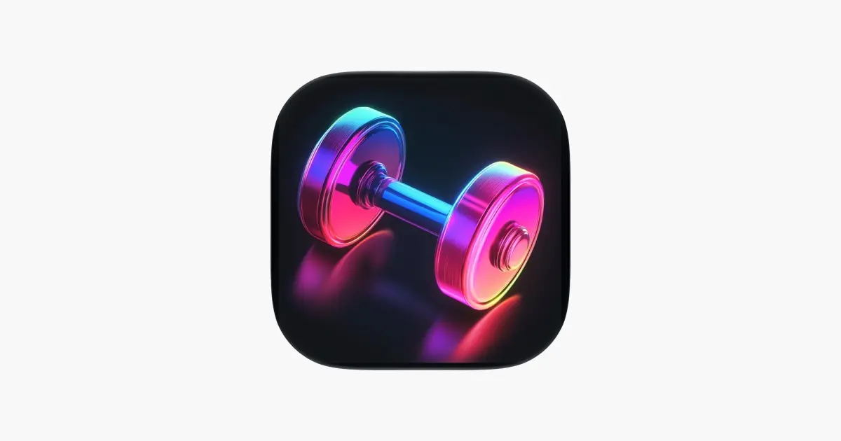 The WorkoutMaker app icon, a glowing pink and blue dumbbell on a dark tile