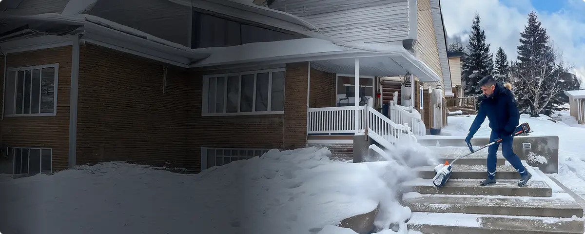 Man clearing steps and a walkway with the WORX snow shovel