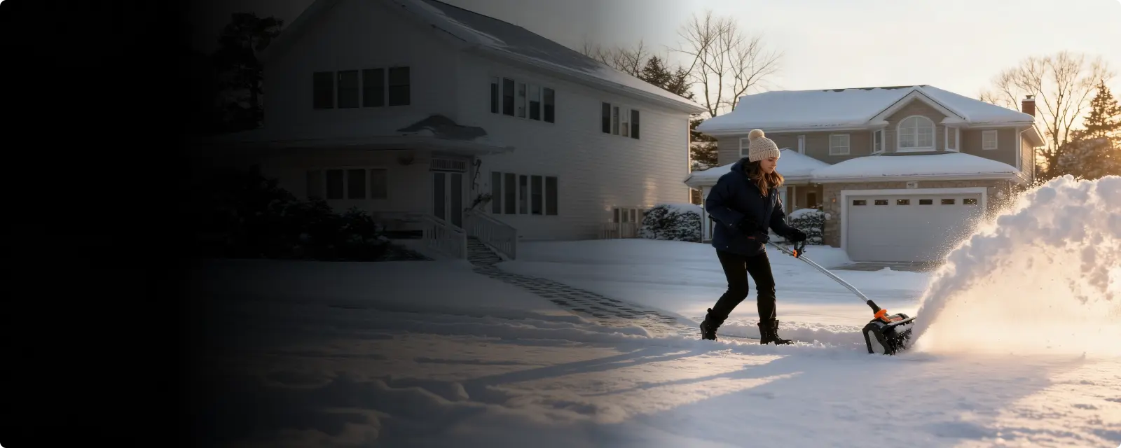 Homeowner clearing a driveway with a cordless WORX snow shovel at dusk