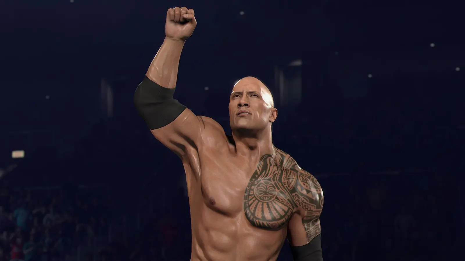 The Rock in WWE 2K26 raising his fist in the arena