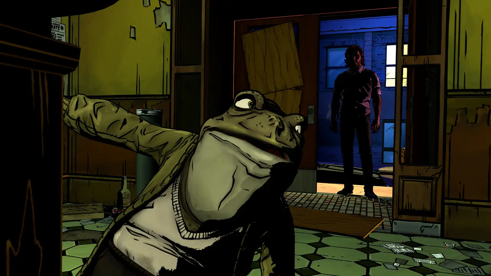 A frog character in a worn yellow coat leans on a doorway while a figure stands in a doorway behind him in The Wolf Among Us Remastered