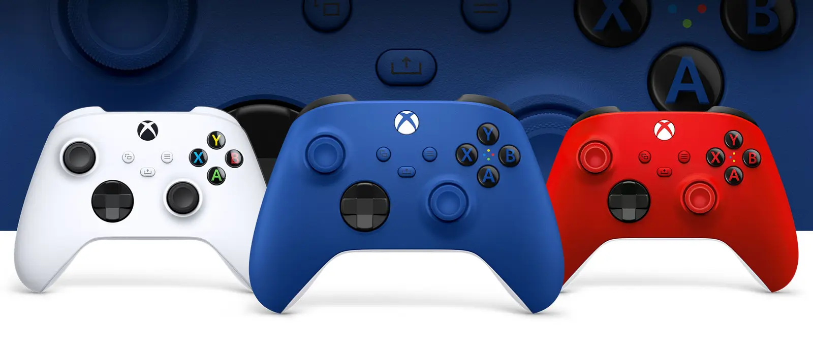 Blue Xbox Wireless Controller shown between white and red versions