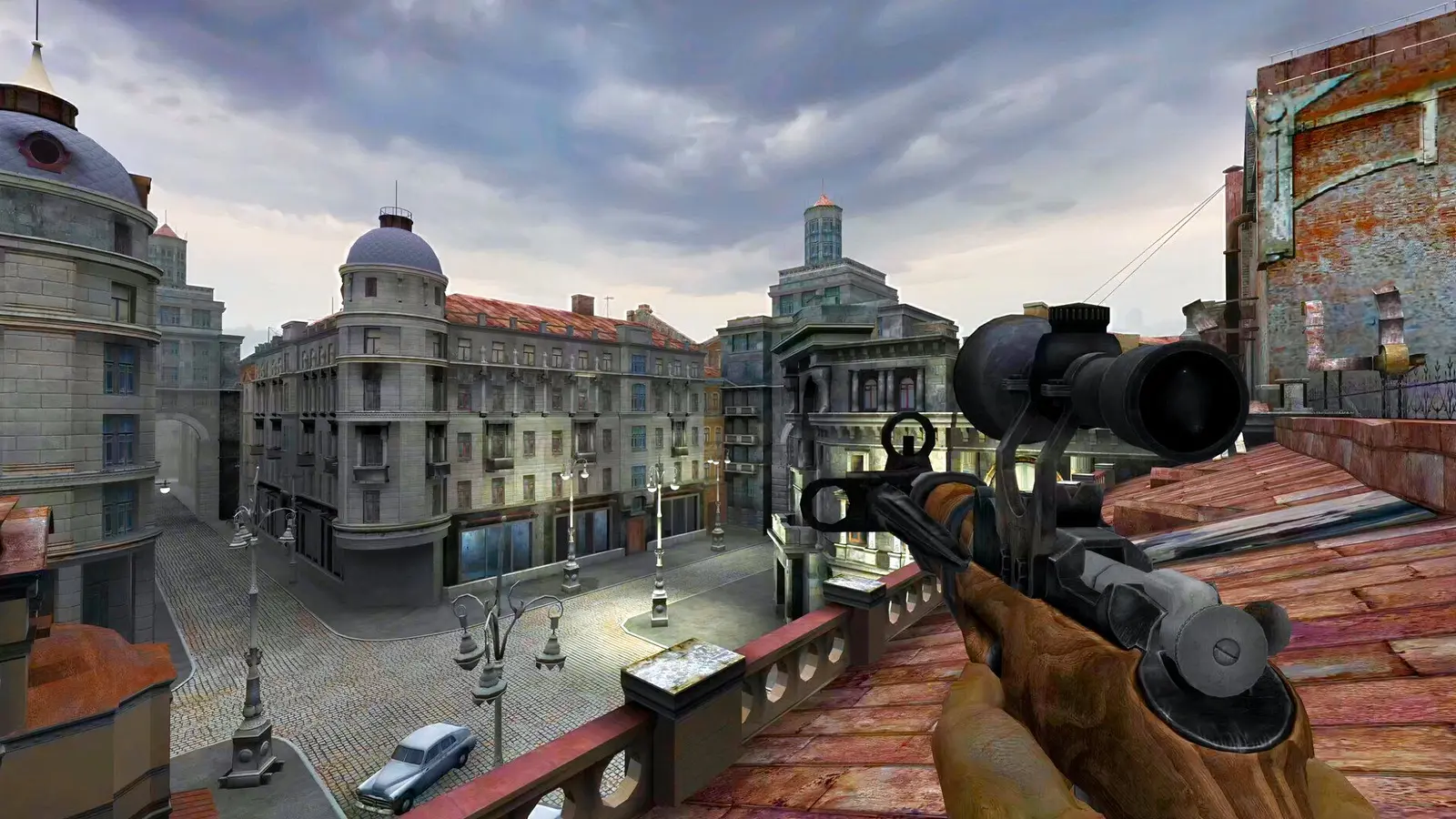 First-person view over a European style city square from a rooftop with a scoped rifle