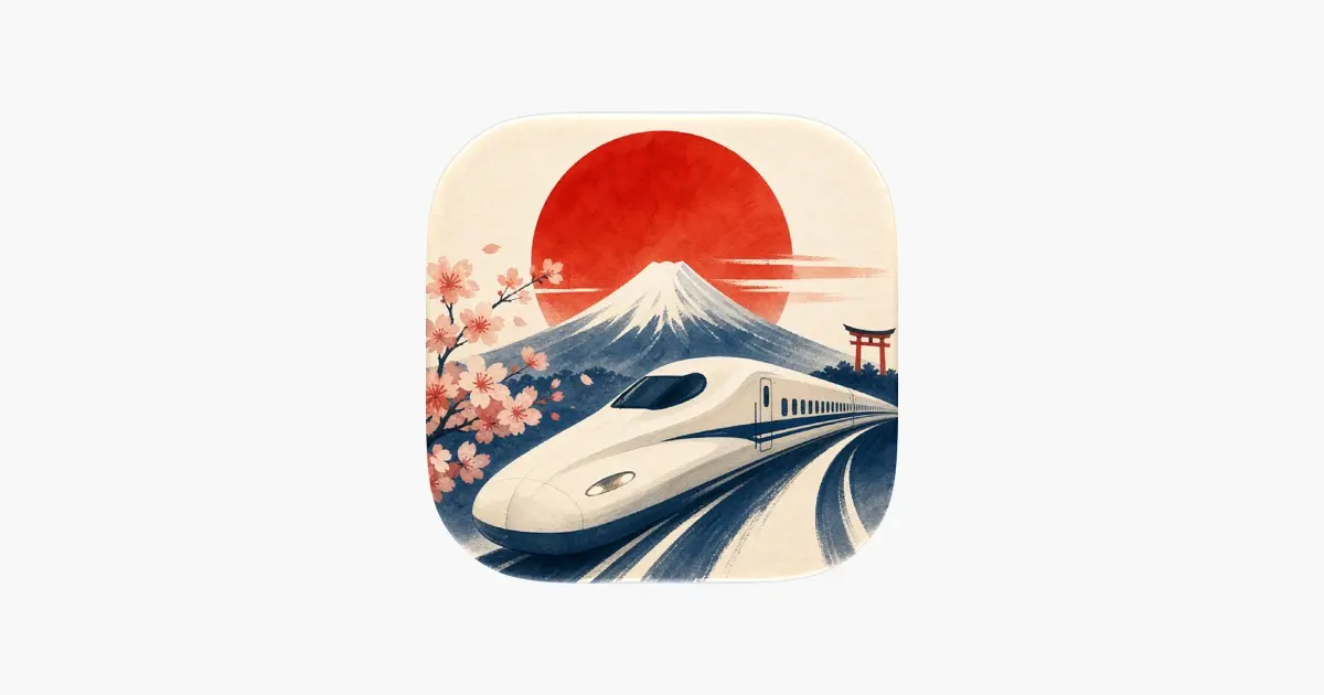 Icône de l'application Yukitabi avec un train à grande vitesse, le mont Fuji et des cerisiers en fleurs